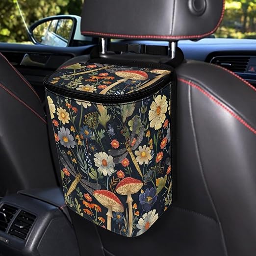 Mushroom Dragonfly Daisy Print Car Trash Can with Lid, Leak Proof Auto Trash Bag Hanging Vehicle Garbage Can Multipurpose Storage Container for Back Seat Road Trip