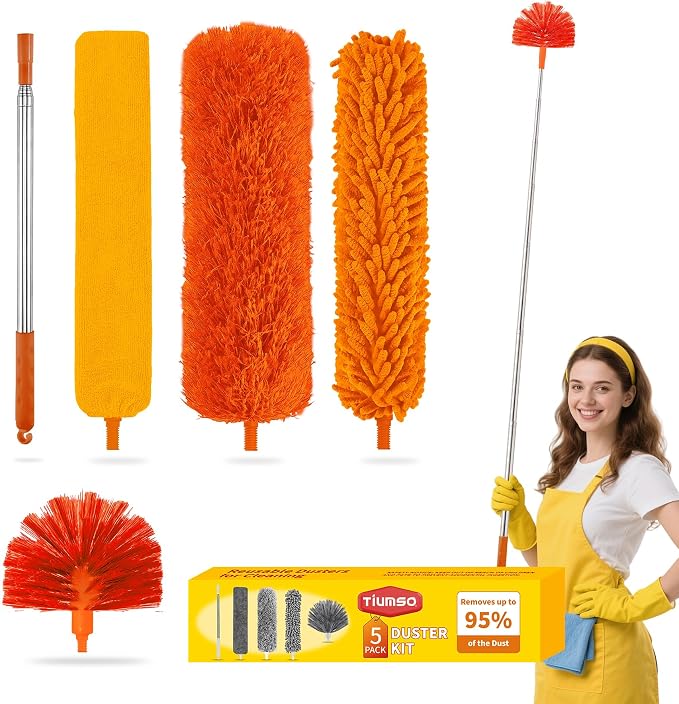 5-in-1 Duster with Extension Pole 100” Extendable Dusters for Cleaning Reusable Anti-Spin Dusting Kits for High Ceiling Fans, Cobwebs & Vents, Reinforced Stainless Steel Telescopic Handle