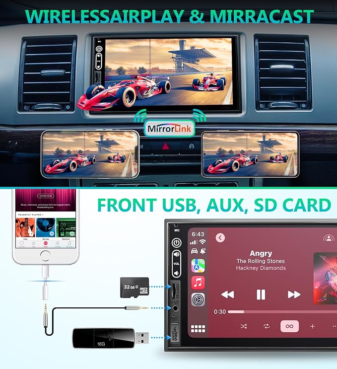 Double Din Car Stereo Compatible with Wireless Apple Carplay, Android Auto - 7" Touch Screen Car Audio Receiver with Bluetooth, AUX, FM Car Radio
