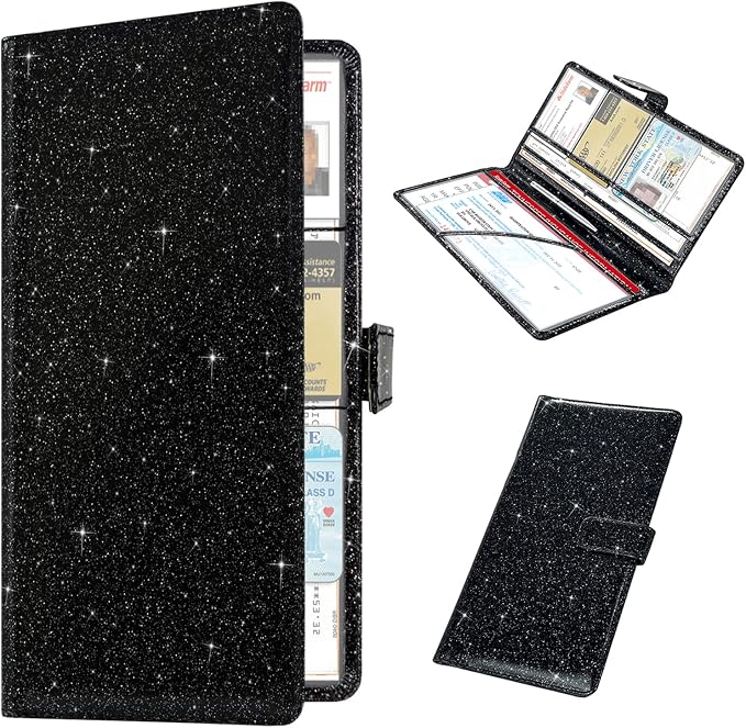 Car Registration and Insurance Holder, Vehicle Glove Box Organizer Cool Car Accessories, Auto Truck Document Holder for Cards, Driver License, Black Glitter