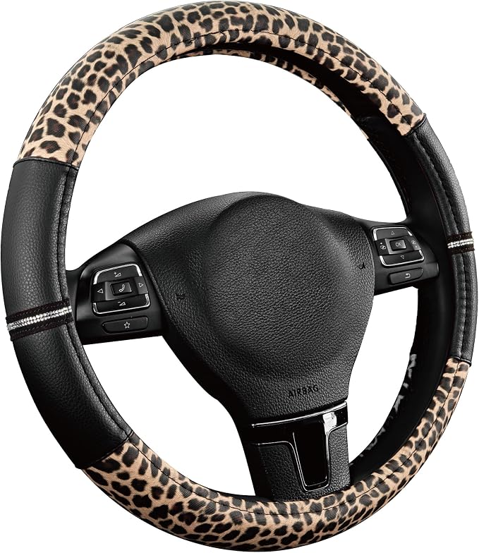 Leopard Steering Wheel Cover for Women, Cute Anti-Slip Microfiber Leather, Universal Fit 14.5-15 Inch Round Steering Wheel - Black