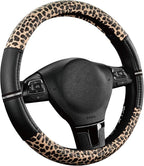 Leopard Steering Wheel Cover for Women, Cute Anti-Slip Microfiber Leather, Universal Fit 14.5-15 Inch Round Steering Wheel - Black