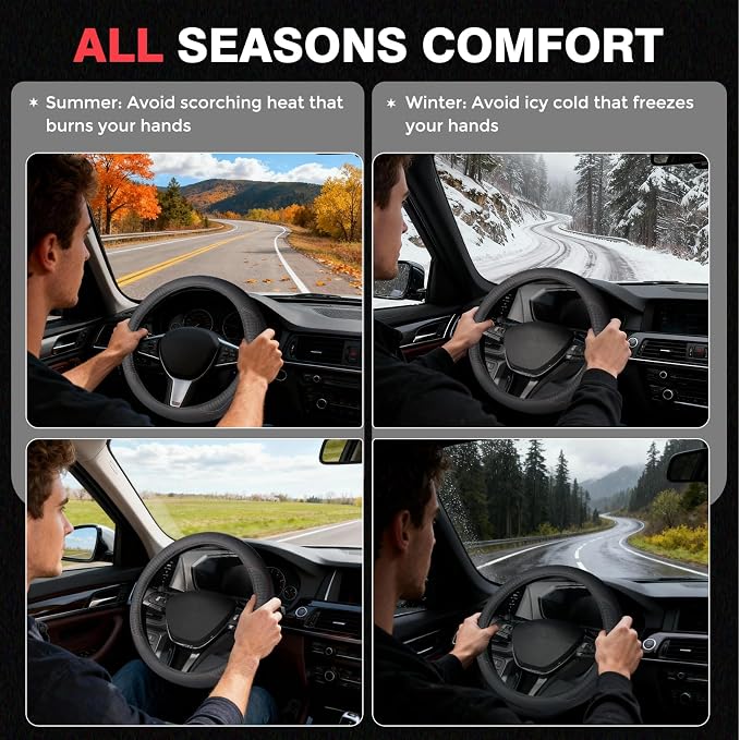 Car Steering Wheel Cover, Microfiber Leather Steering Wheel Covers with Anti-Slip Lining, Breathable Elastic Car Steering Wheel Protector, Universal Standard Size 14-15 inch