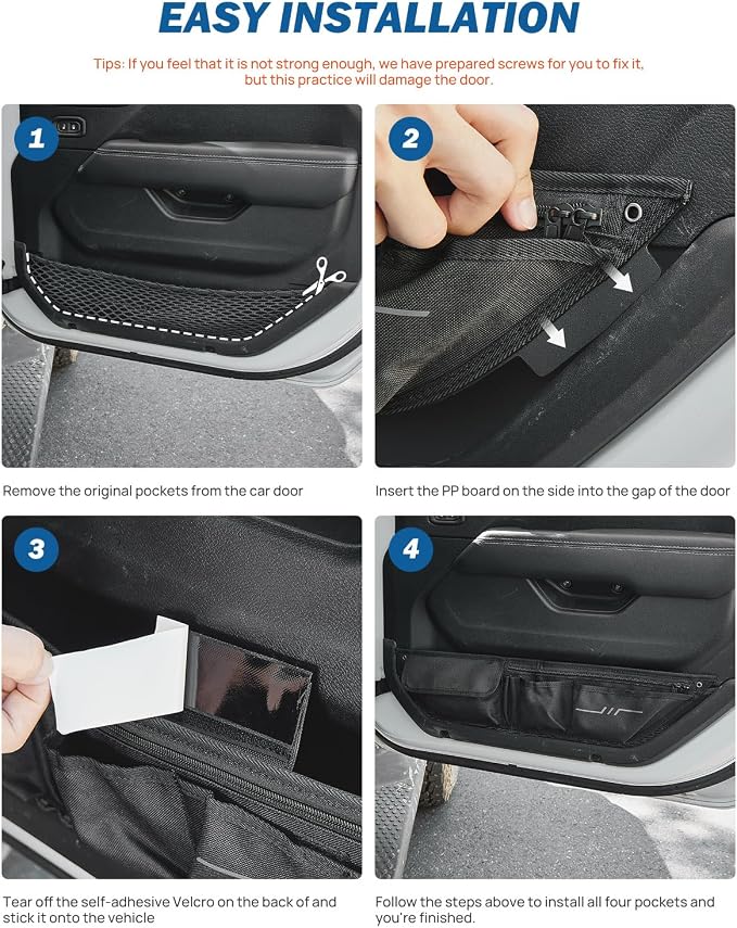 Car Door Storage Pockets Compatible with 2018-2026 Wranlger JL & Gladiator JT, Front & Rear Door Side Insert Organizer, 4 Packs