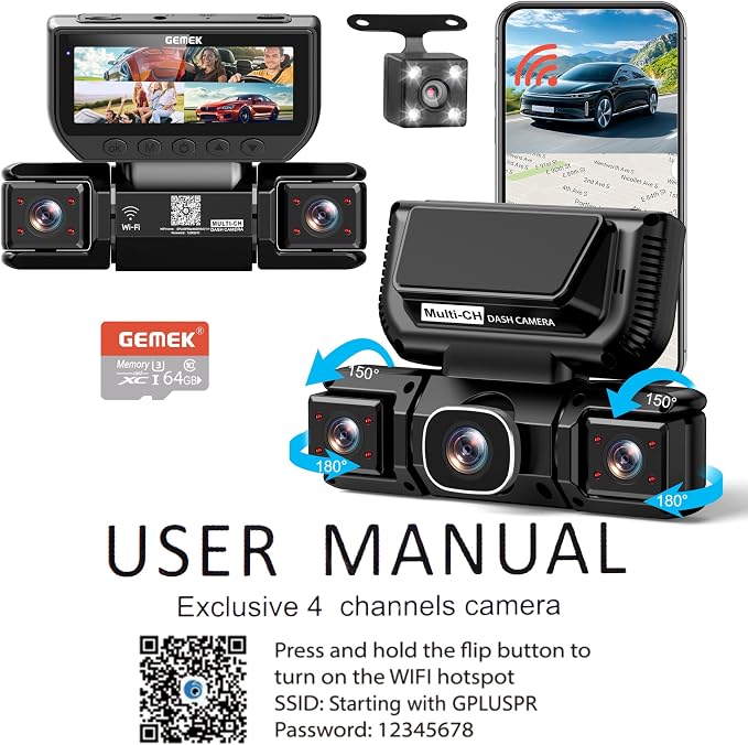 360 Degree View 4 Channel Dash Cam 5G WiFi & APP Control, 2K Front and Rear Inside, Left Right Dash Camera for Cars Free 64GB TF Card, G-Sensor, Night Vision, 24H Parking Mode