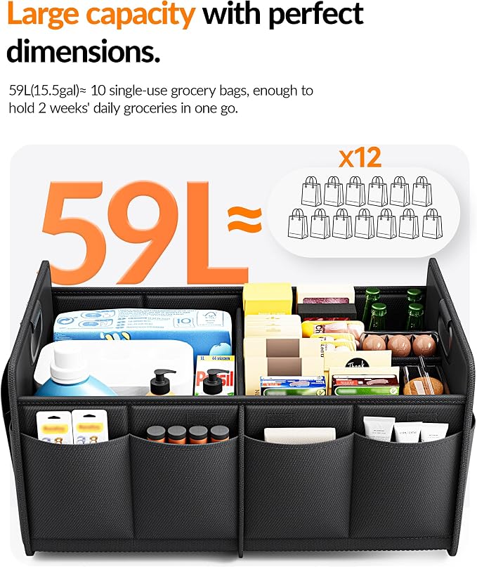 Car Trunk Organizer for SUV, 15.5Gal Large Capacity No-Sag Heavy Duty, Foldable Waterproof Anti-Slip Storage with 12 Pockets, Fit Sedan,Truck, Universal Car Accessories, Black, 2 Compart,Medium