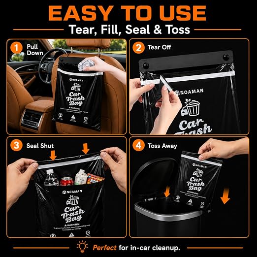 50PCS 1 Pack Car Trash Bags, 2.5 Gal Disposable Garbage Bags for Car, SUV, Truck and RV, Leak-Resistant Odor-Control Bags, Stick-On or Headrest Mount, Alternative to Car Trash Can, Black