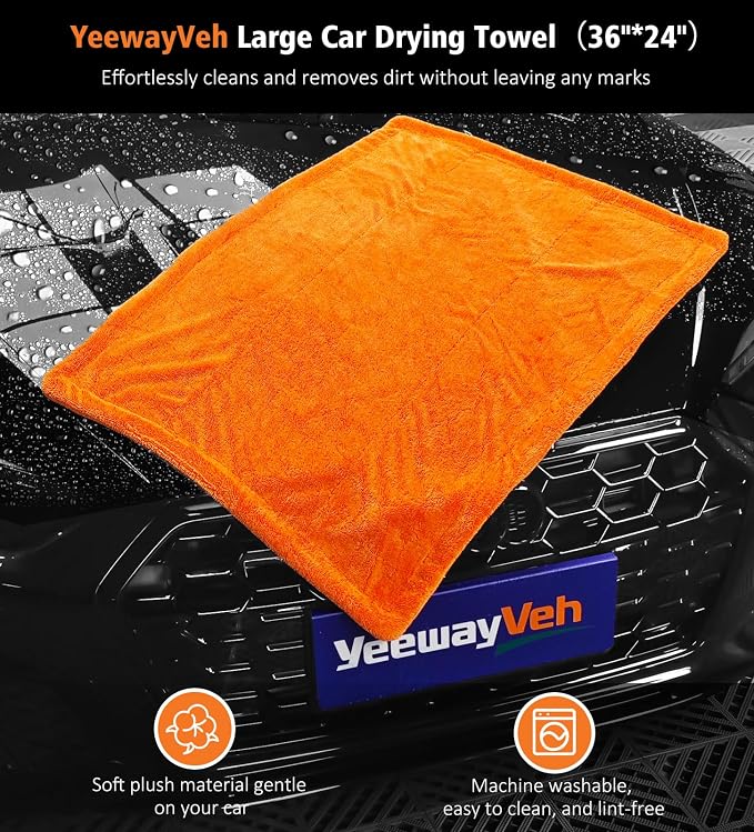 3 Pack Car Drying Towel, 24" x 36" Double Twisted Loop Car Drying Towels Extra Large, 16" x 16" Edgeless Microfiber Drying Towel and Absorbent Waffle Weave Towels for Cars Truck SUV, Orange