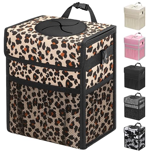 Car Trash Can with Lid, Leakproof Car Trash Bag Hanging Waterproof Automotive Garbage Can with Storage Pockets Mini Vehicle Trash Bin for Back/Front Seat(Leopard,3 Gallon)