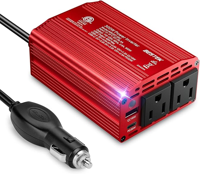 Power Inverter DC 12V to AC 110V - 300W Car Plug Adapter Outlet with PD30W Type C & 18W USB A Port - Car Charger Cigarette Lighter Adapter for Phone, Laptop on Road Trip - Aluminum Housing