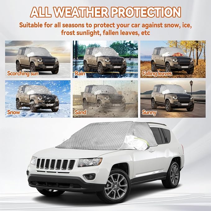 Windshield Window Snow Cover with 2 Hooks and 2 Mirror Covers Ice and Snow Front Window Sunshade Cover Fit for SUVs, Trucks, Cars (White-SUVs)