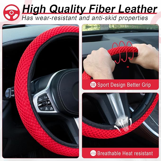 Elastic Stretch Steering Wheel Cover, Universal Interior Accessories Steering Wheel Cover for Women & Men, Breathable Microfiber Ice Silk, Anti-Slip, Odorless, Easy Carry(Red)