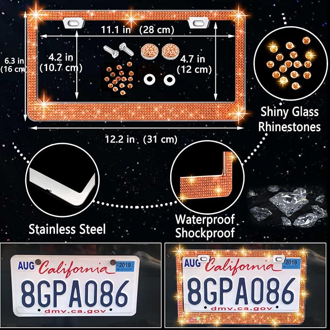 27 PCs Orange Bling Car Accessories Set for Women, Steering Wheel Covers Universal Fit 15 Inch, Bling License Plate Frame, Bling Phone Holder, Bling Car Coasters (Orange Diamond)