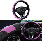 Car Steering Wheel Cover, 15 inch Carbon Fiber Microfiber Anti-Slip Breathable PU Leather Elastic Steering Wheel Protector, Car Interior Accessories for Most Cars (Pink)
