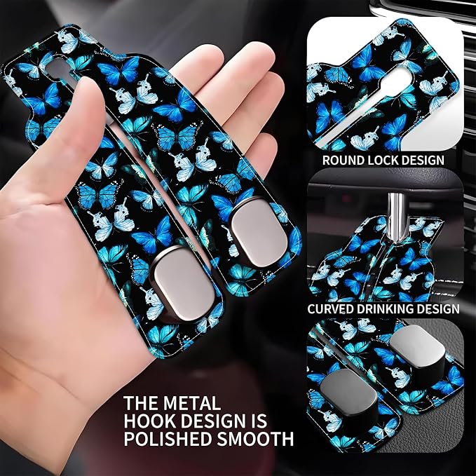 Purse Hook for Car Watercolor Blue Butterflies 1 Pack Headrest Back Seat Hook Premium Leather Double Metal Hanger Storage Pack Bag Purse Holder Car Interior Accessories
