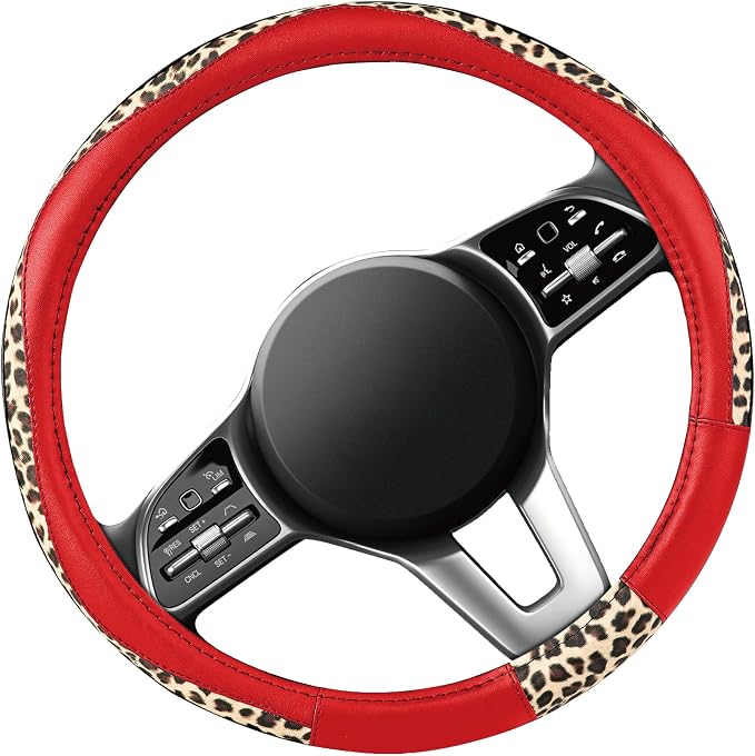 Steering Wheel Cover - Made with PVC Leather and Leopard Fabric - Universal 14 1/2 inches to 15 inches for Most Automotive Steering Wheel - Cheetah Print -Red