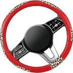 Steering Wheel Cover - Made with PVC Leather and Leopard Fabric - Universal 14 1/2 inches to 15 inches for Most Automotive Steering Wheel - Cheetah Print -Red