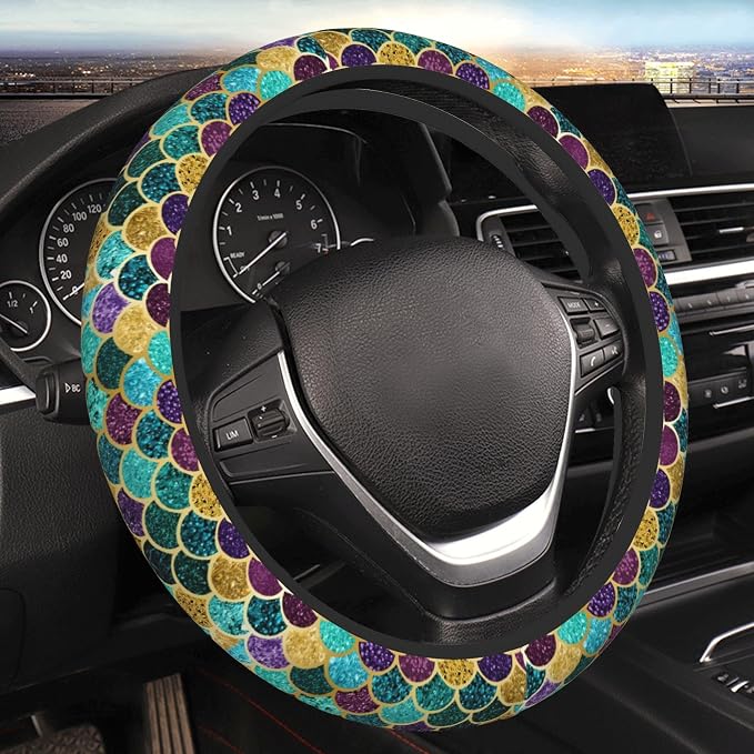 Glitter Mermaid Scales Steering Wheel Cover Cute for Women Men Car Accessories Universal 15 Inch Anti-Slip Automotive Steering Wheels Protector Covers for Truck SUV Sedan Turquoise
