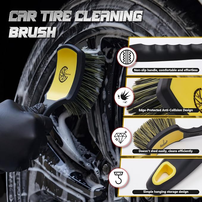 Wheel & Tire Brush Set, 2 Pack Car Wheel Brush & Tire Cleaner Brushes, Soft Bristle Rim Brush and Stiff Tire Scrub Brush, Scratch-Free Wheel Cleaning Kit for Car Detailing, Trucks, SUVs