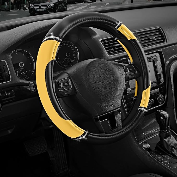 Leather Steering Wheel Cover - Made with PVC Leather - Anti-Slip, Universal Fit 14 1/2 inches to 15 inches - Yellow