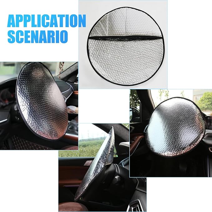 1 PC Car Steering Wheel Sunshade, Polyester Cloth-Wrapped Steering Wheel All-Inclusive Reflective Sun Protection Heat Shield, Decorative Accessories, Suitable for Cars, Trucks, SUVs (Silver)