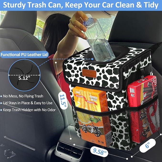 Car Trash Can Bin for Back Seat Leak Proof, Cute Car Trash Bag Hanging, Vehicle Trash Can for SUV Truck Van, Automotive Garbage Cans Front Seat Cow Print