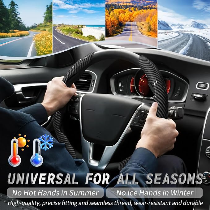 2pcs Car Steering Wheel Cover,Anti-Skid Carbon Fiber Steering Wheel Protector for Men Women,Multiple Color Options,Universal for Most Car Interiors Accessories (Bright Black)