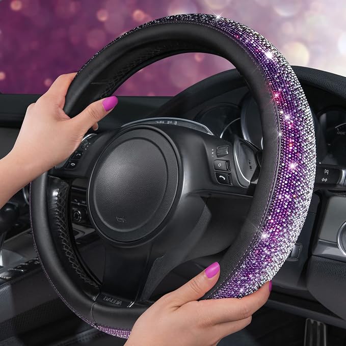 Bling Diamond Leather Steering Wheel Cover, Bling Sparkly Crystal Glitter Rhinestones Universal Fit 14" 1/2-15" Car Wheel Protector for Women Girl Fit Suvs,Vans,Sedans,Trucks, Purple Silver