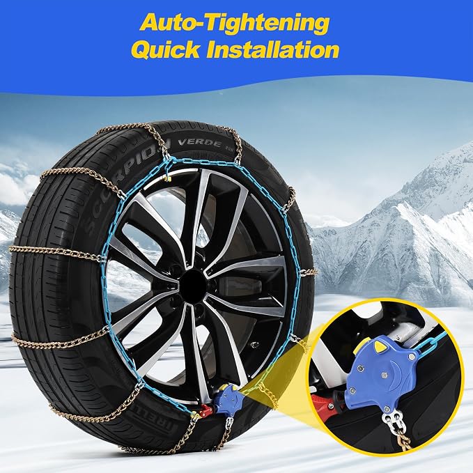 Auto Tightening Snow Chains for Cars, SUVs & Pickup Trucks – 1-Min Quick-Fit Auto Installation, Reusable Universal Emergency Traction Tire Chains – Set of 2（ALN80）