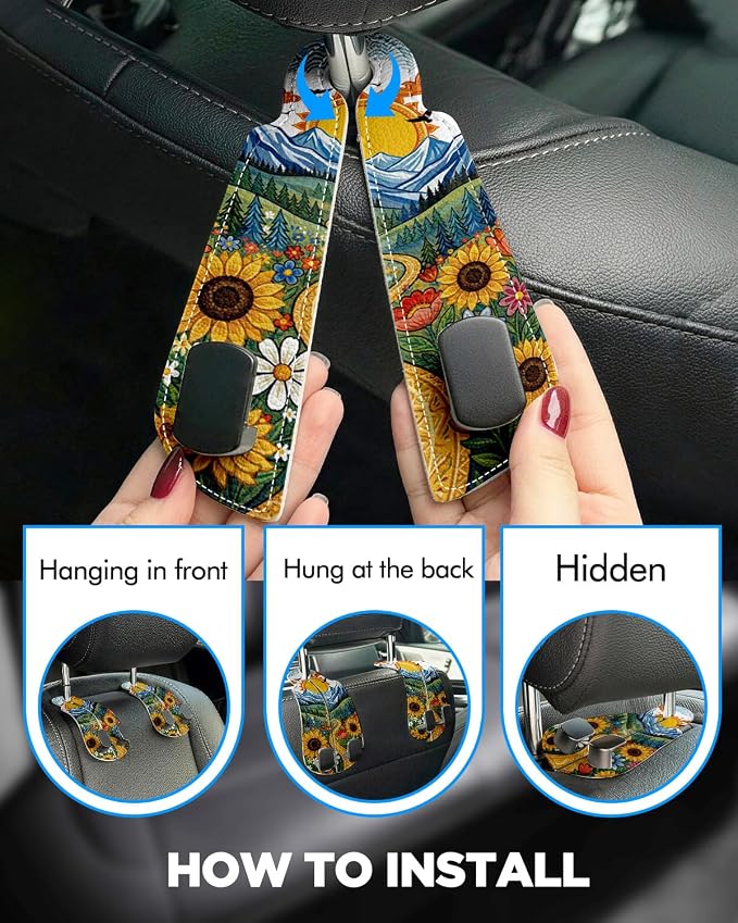 Purse Holder for Car, 2 Pack Heavy Duty Purse Hanger for Car, PU Leather Car Seat Hooks for Purses and Bags, Cute Sunflower Headrest Organizer for Handbags & Backpacks