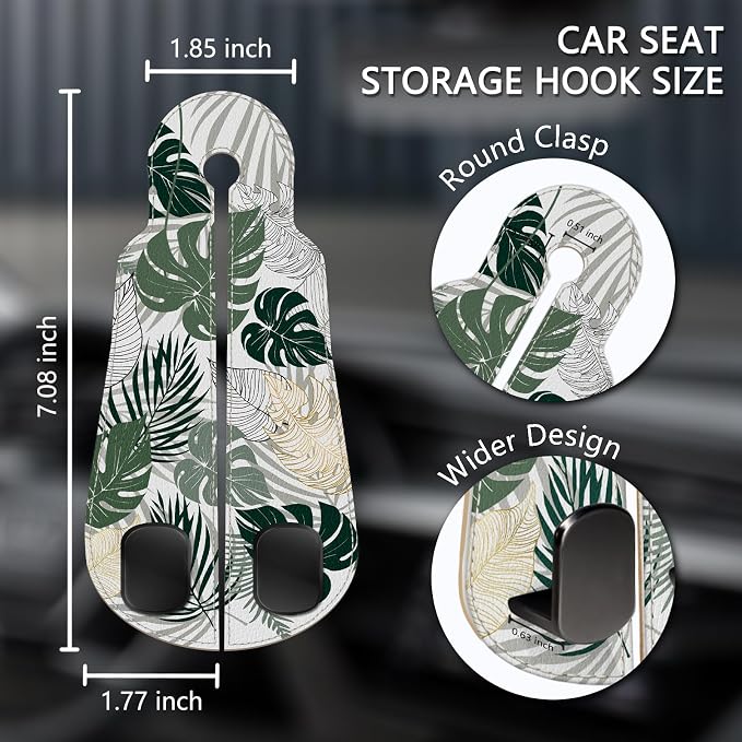 2PCS Car Seat Back Storage Headrest Hooks, Tropical Leaf Purse Holder Bags Hanger, PU Leather Double Metal Hook for Backseat Organizer, Women Car Accessories Organization