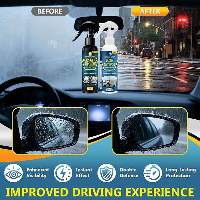 Glass Water Repellent Spray & Anti Fog Spray for Car Windshield, Long Lasting Waterproof & Fog-Free Coating for Clear Vision – Easy Application for All Glass Surfaces- Pack of 2