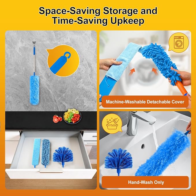 5-in-1 Microfiber Duster Kit with 100” Extension Pole – Reinforced Stainless Steel Telescopic Handle for High Ceiling Fans, Cobwebs & Vents – Multi-Head Dusters for Cleaning with Anti-Spin Pole