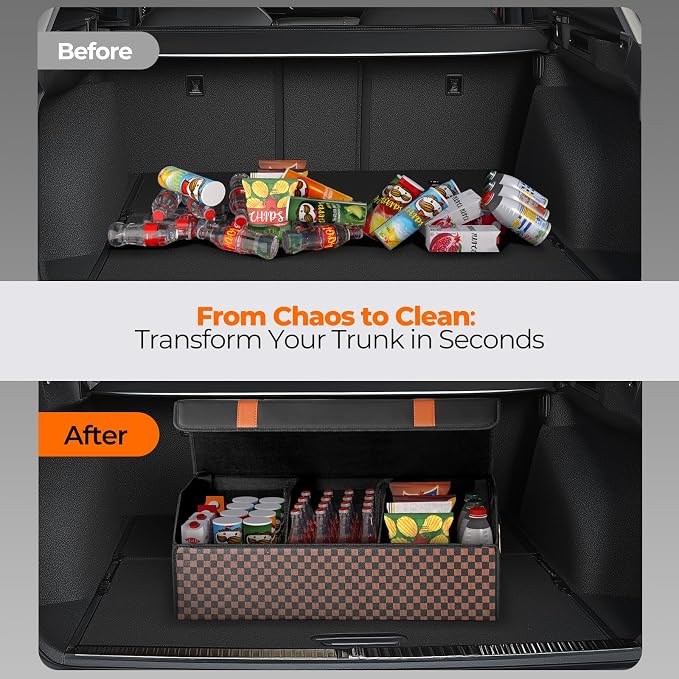 Car Trunk Organizer for SUV and Sedan, Orange‑Stripe Plaid, 29.5 in | Dual‑Material Dual‑Tone Craft, Extra Large, Leather Storage Box, Magnetic Lid, Collapsible & Adj, Water‑Resist & Dust‑Proof