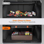 Car Trunk Organizer for SUV and Sedan, Orange‑Stripe Plaid, 29.5 in | Dual‑Material Dual‑Tone Craft, Extra Large, Leather Storage Box, Magnetic Lid, Collapsible & Adj, Water‑Resist & Dust‑Proof