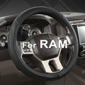 Customized Auto Car Steering Wheel Cover for Dodge RAM 1500 2500 3500, 15.5-16 inch (Black-Large Size)