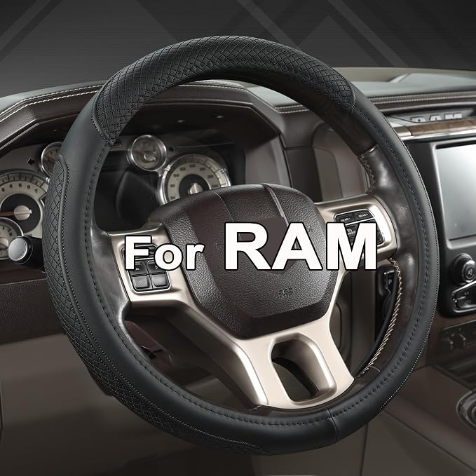 Customized Auto Car Steering Wheel Cover for Dodge RAM 1500 2500 3500, 15.5-16 inch (Black-Large Size)