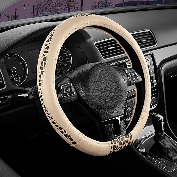 Steering Wheel Cover - Flat Bottom Wheel Cover Made with PVC Leather and Leopard Fabric - Universal Fit for 15-Inch D-Shaped Automotive Steering Wheels (Milky White)