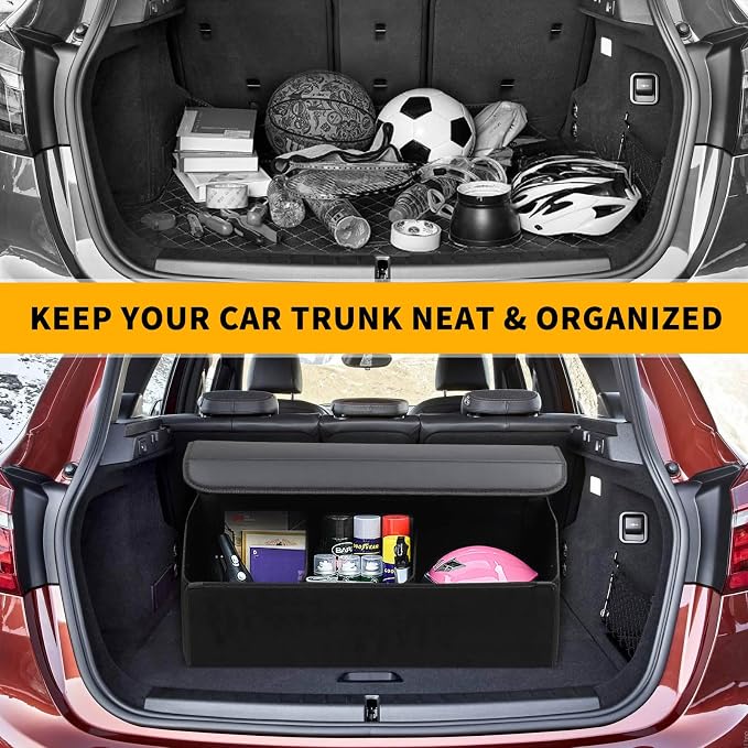 Leather Car Trunk Organizer,Durable Collapsible Adjustable Compartments Cargo Storage,Extra Large Capacity,AK-151