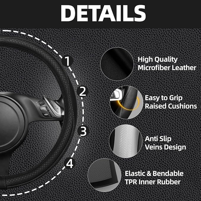 10 Pcs Car Floor Mats Full Set Car Accessories, Microfiber Leather Steering Wheel Covers 14.5-15 inch, Center Console Cover, Seat Belt Pads, Cup Coasters, Universal Interior Decor(Black)