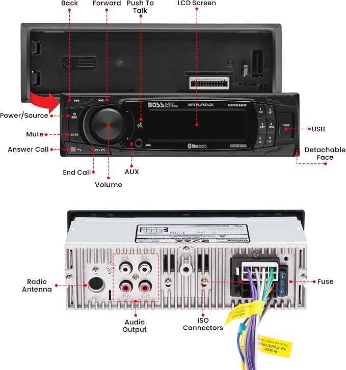 625UAB Single DIN Car Stereo with Bluetooth - No CD DVD Player, AM/FM Radio Receiver, Aux Input, USB
