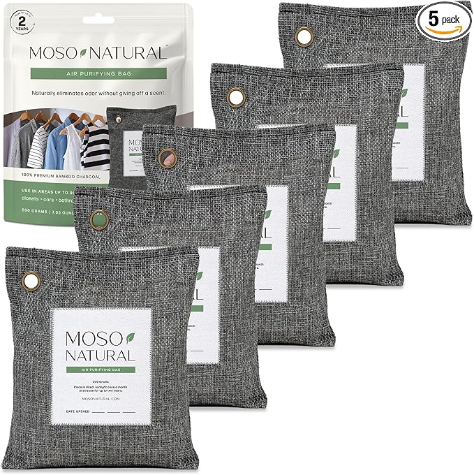 Air Purifying Bag 200g (5 Pack). A Scent Free Odor Eliminator for Cars, Closets, Bathrooms, Pet Areas. Premium Moso Bamboo Charcoal Odor Absorber. Two Year Lifespan! (Charcoal Grey)