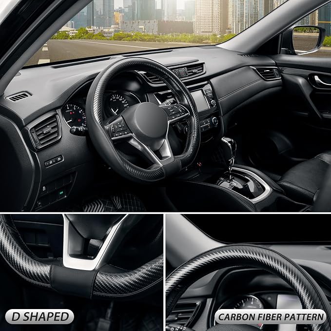 Flat Bottom Steering Wheel Cover, D Shaped Car Wheel Cover 14-14 1/4 in. (35.5-36 cm), for Tesla Model 3 / Y, for Camaro, Black Microfiber Leather with Carbon Fiber Pattern