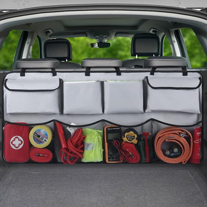 Snuopfy Car Backseat Hanging Trunk Organizer – Gray, 8 Large Storage Bags - Super Capacity Storage Solution for SUVs, Trucks, Vans, and Cars - Ultimate Car Organization for a Clutter-Free Space