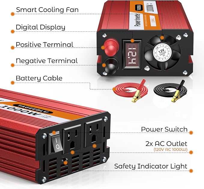1000W Power Inverter 12V DC to 110V 120V AC for Vehicles, Truck, RV, Home