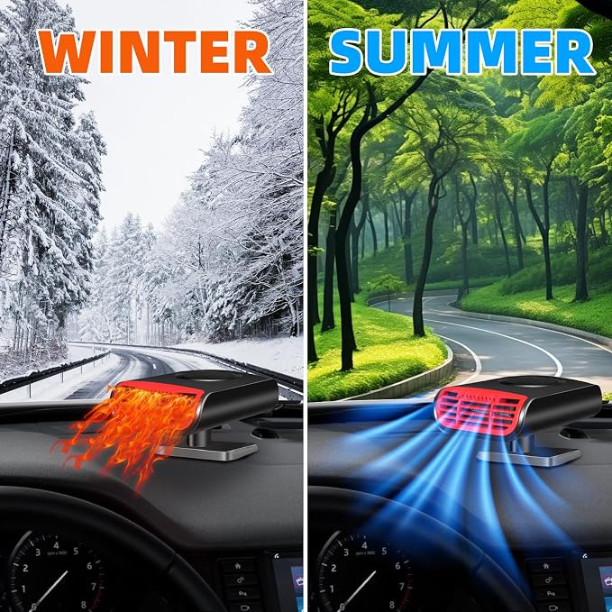 Car Heater 12V 150W, Portable 2-in-1 Defroster and Defogger, Fast Heating Car Fan for Windshield, Plug into Cigarette Lighter for Vehicle, Travel, Daily Use