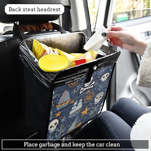 Car Trash Can Organizer Bin with Adjustable Strap for Back Front Seat Console Waterproof Leakproof Collapsible Portable 11 Inch Blue Pirate Skulls Sailboats Starfish and Compass