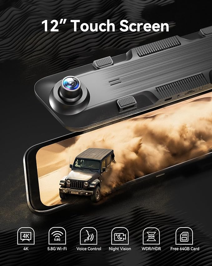 G850 12" 4K Rear View Mirror Camera with 5.8GHz WiFi and Voice Control, Smart Mirror Dash Cam Front and Rear, Backup Camera with 1080P, Dash Cam with WDR, Includes 64GB Card & GPS