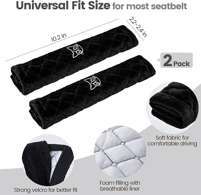 Soft Auto Seat Belt Cover Seatbelt Shoulder Pad Cushions 2 PCS for a More Comfortable Driving Universal Fit for All Cars and Backpack Black Cat