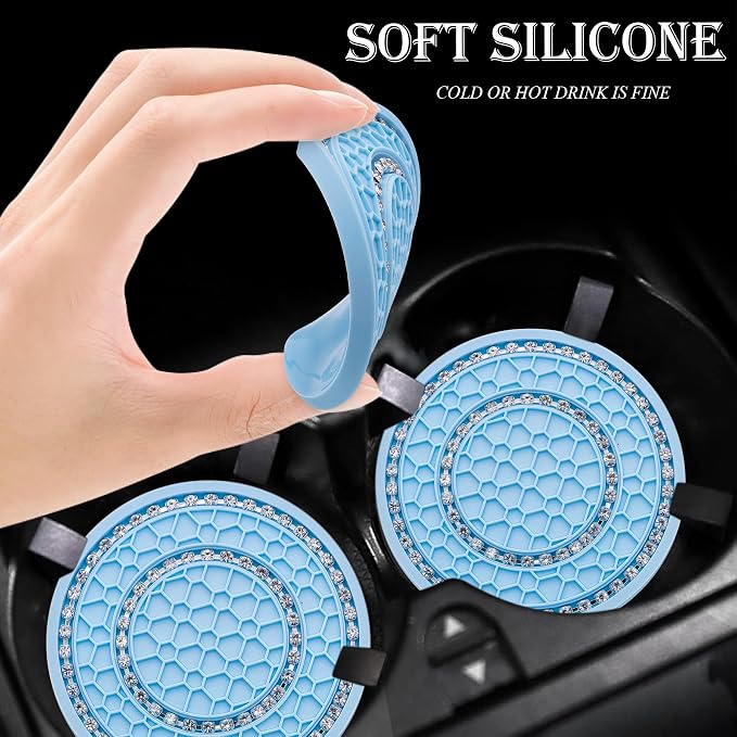 4PCS Bling Crystal Rhinestone Cup Holder Coaster, 2.75 inch Soft Silicone Anti-Slip Shockproof, Car Cup Holder Insert Coasters, Universal Car Interior Accessories for Women (Light Blue & White)